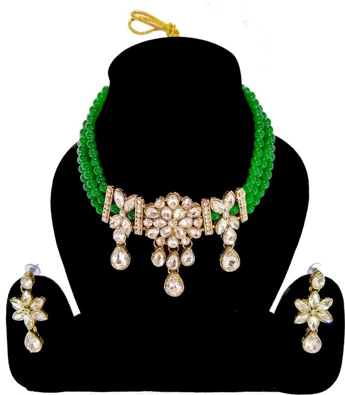 Alloy Rhodium Green, White Jewel Set  (Pack of 1)