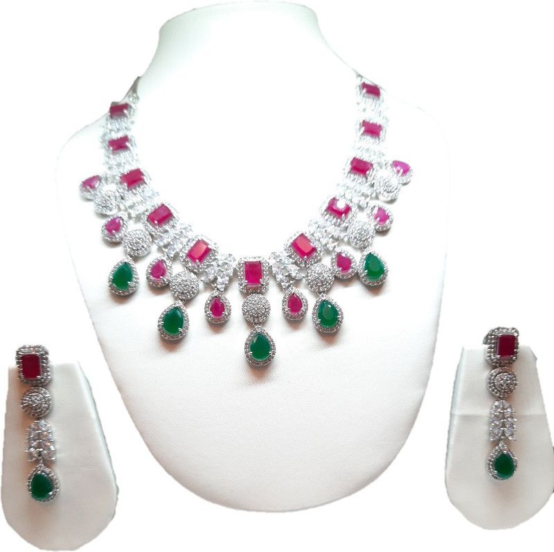 Alloy Rhodium White, Green, Pink Jewel Set  (Pack of 1)