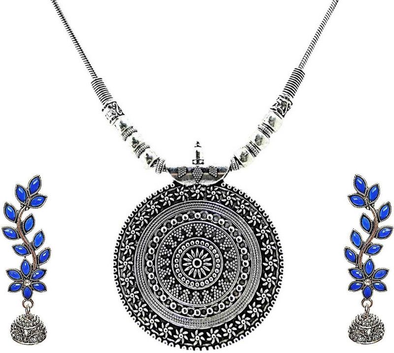 Stone, Oxidised Silver Silver, Blue Jewel Set  (Pack of 1)