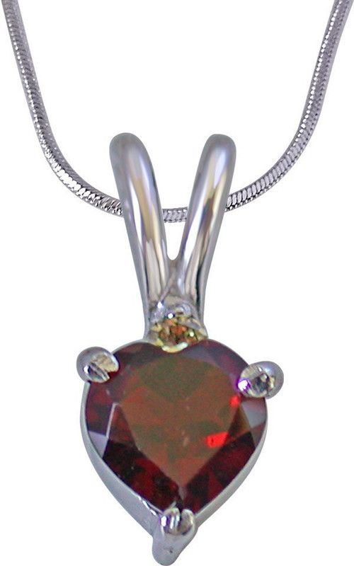 Diamond & Heart Shape Garnet in 925 Silver Pendant with 18 IN Chain (SDP262) Sterling Silver Diamond, Garnet Sterling Silver Pendant