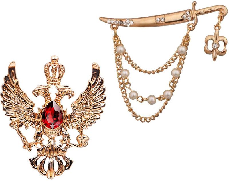 Aarohi Combo of Vintage Double-headed Gold Plated Red Crystal Eagle Retro Wings Crown & Sword Knife Pearl Chain Brooch Pin for Mens & Boys ACM-126 Brooch  (White, Red)