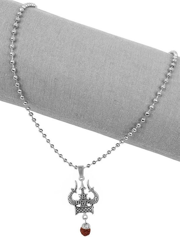 Rudraksha Silver Jai Mata Di & Shiv Trishul Mahakaal Pendant Locket Necklace Stainless Steel