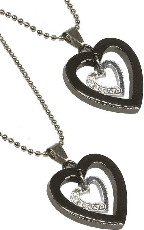 (Set Of 2 Pcs) Valentine's Day Special Metal Stainless Steel (Black Color) I Love You Romantic Heart Initial Small Heart With Diamond Nug Love Beautiful Locket Pendant Necklace With Chain For Girl's And Women's Stainless Steel Pendant Set