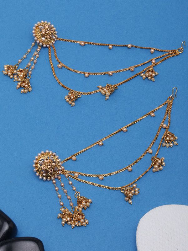 Gold-Plated Gold & White Stone Studded Multi-Chain Earrings Agate Brass Drops & Danglers