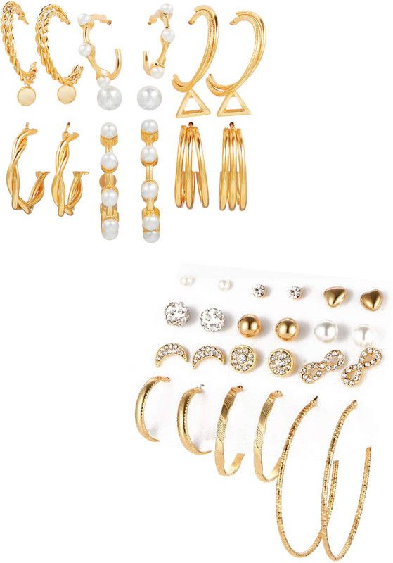 Combo of 21 Pair Attractive Rose Gold Studded Pearl Studs and Hoop Earrings Alloy Earring Set