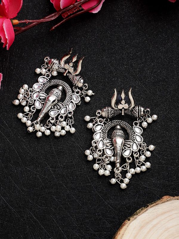 Oxidized Silver Color White Stone Ganeshji Design Earrings Set Alloy Earring Set