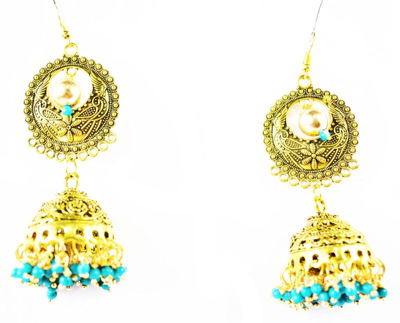 Bling On Gold-Toned Metallic Jhumka Earrings blue Crystal Metal Jhumki Earring Copper, Alloy Jhumki Earring
