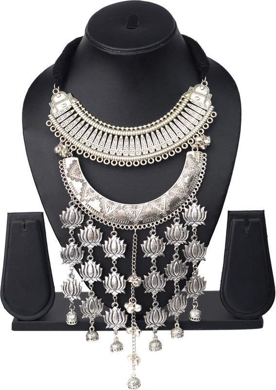 Handmade Silver Oxidized Lotus Designed Statement Necklace for Women and Girls Metal Necklace