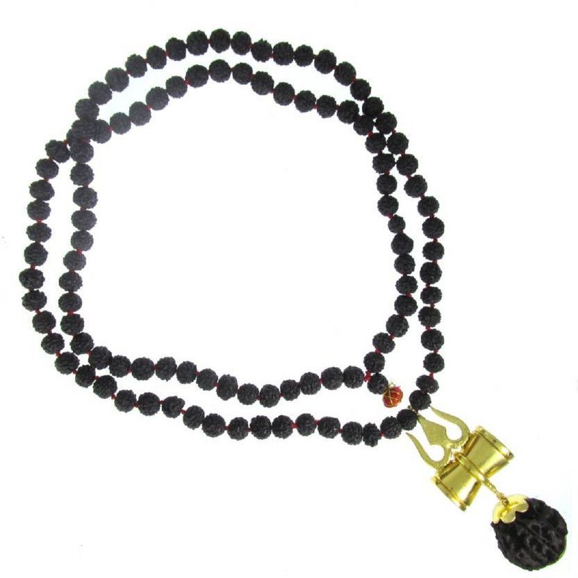 5 Mukhi Rudraksha Mala with Shiv Trishul & Damru Wood Necklace