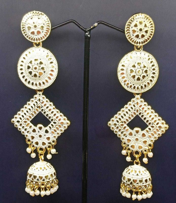 White Long Jhumki Earrings Pearl Metal Jhumki Earring