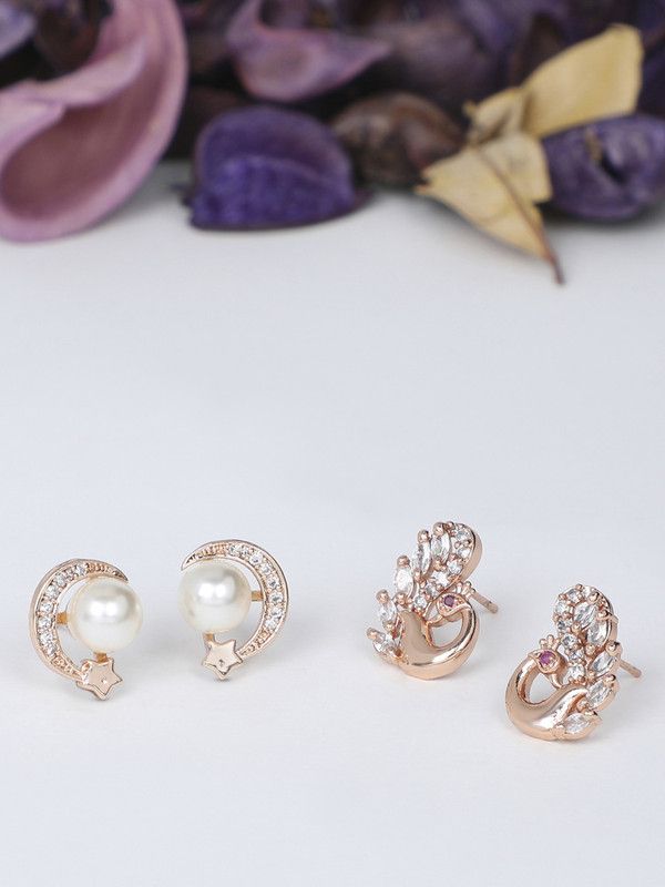 Set of 2 Earrings Cubic Zirconia Brass Stud Earring