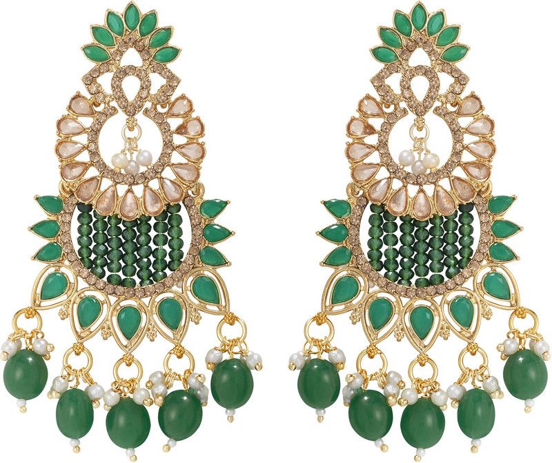 Gold Plated Traditional Bridal Green Kundan Pearl Beads Earrings Set for Women Girls Alloy Earring Set
