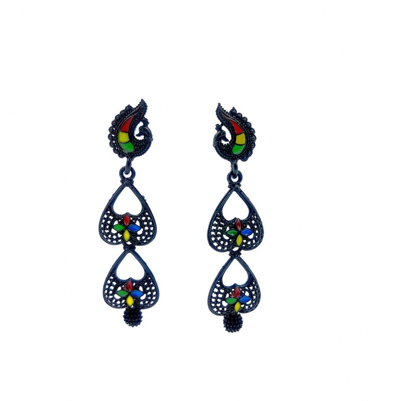 Black Oxidised Multicolour Meena Jhumki Alloy Jhumki Earring