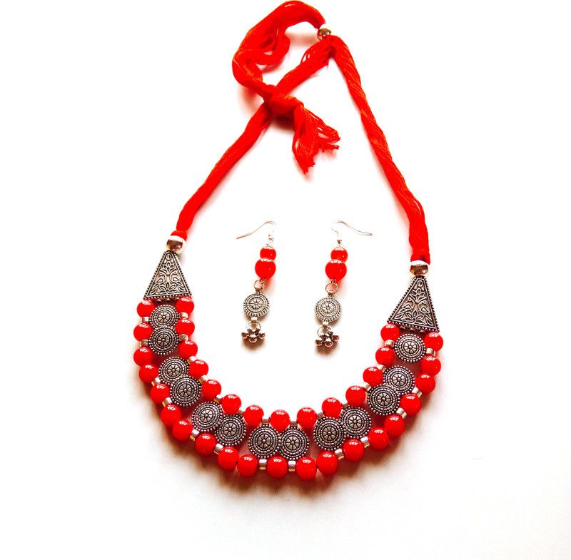 Oxidised Silver, Dori Red, Silver Jewel Set  (Pack of 1)