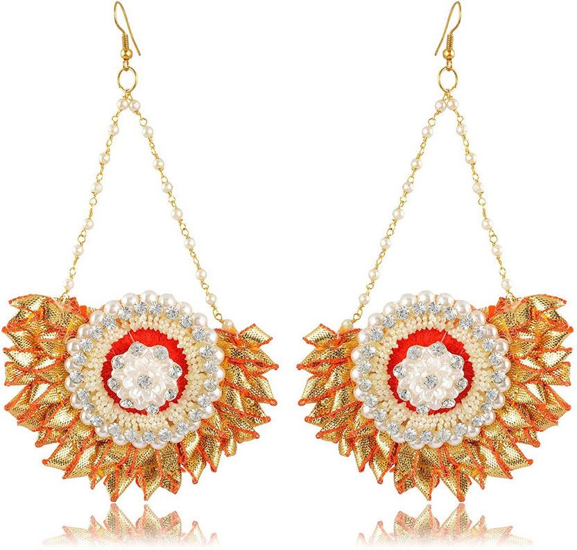 Red and Golden Gotta Patti Dangle & Drop Earrings for Women Agate Fabric Huggie Earring