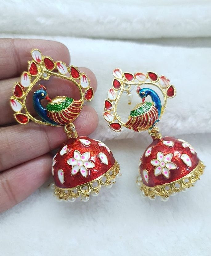 Heavy red peacock earring Cubic Zirconia Alloy Jhumki Earring