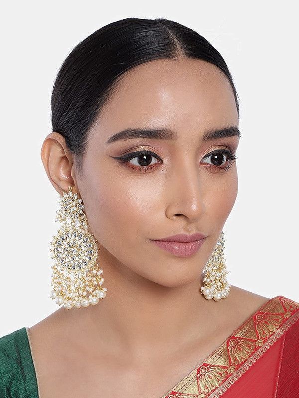 Gold Plated Drop Earrings Glided With Kundans & Pearls Alloy Drops & Danglers