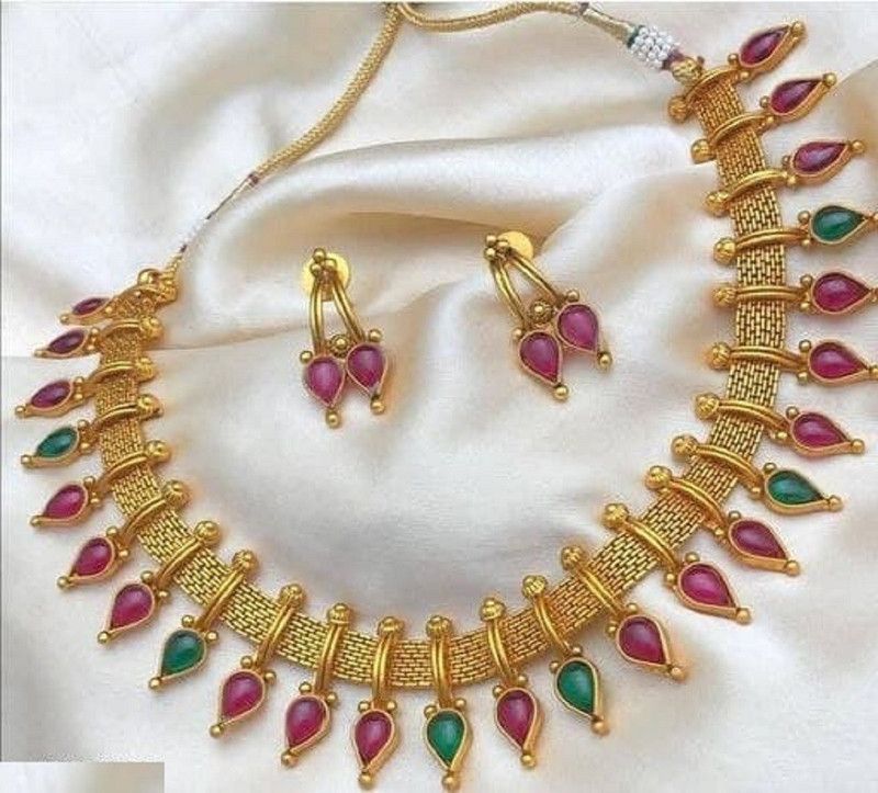Copper Gold-plated Gold, Green, Pink Jewel Set  (Pack of 1)