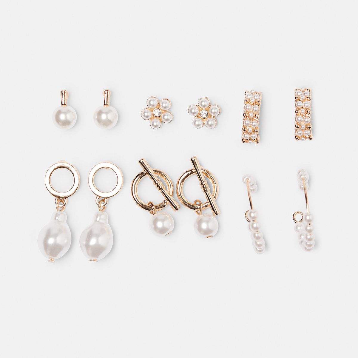 6 Pack Cluster Faux Pearl Stud Earrings - Gold Look