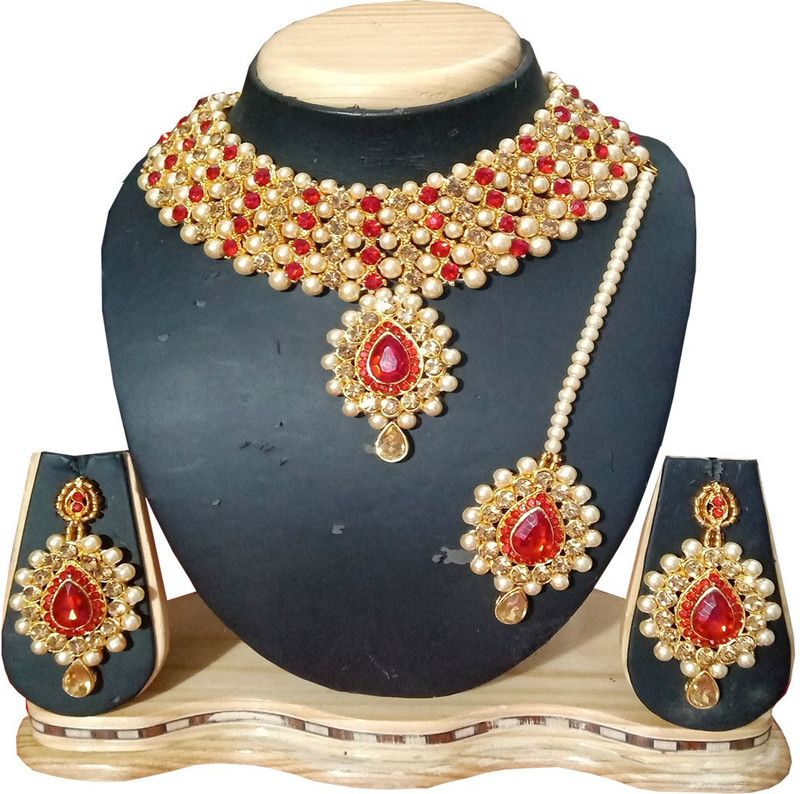 Mother of Pearl Red, Gold Jewel Set  (Pack of 1)