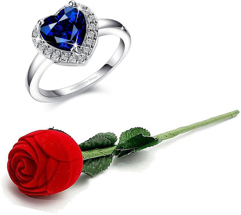 Valentines Gift Dual Heart Crystal Adjustable Ring in Red Velvet Rose Ring Box Metal Crystal Silver Plated Ring