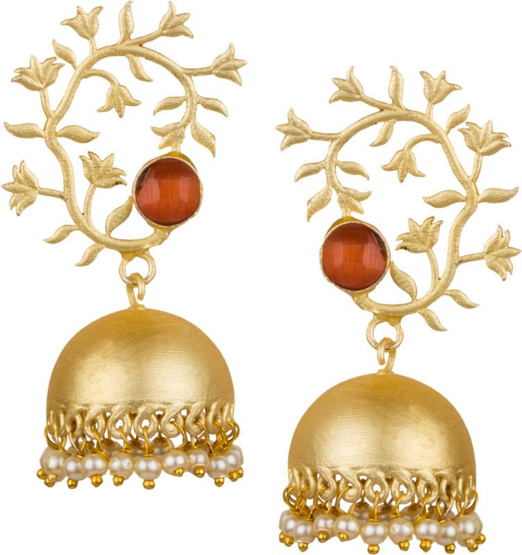 Piah Fashion Matt Gold Plated Exquisite Leaf Design Orange Pearl Brass Jhumkhi For Women & Girls Brass Drops & Danglers