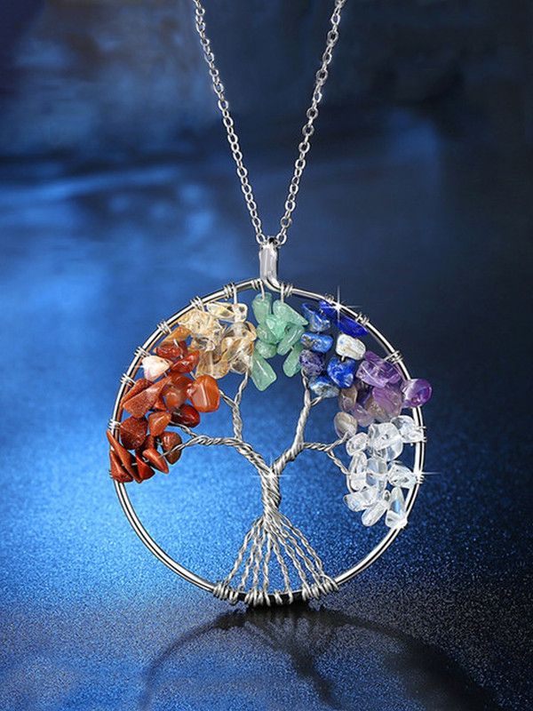 Tree of Life 7 Chakra Stones Handmade Long Chain Pendant Rhodium Crystal Metal Pendant