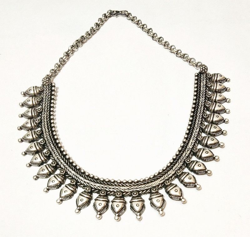 Tribal Necklace oxidized silver metal beaded choker Burnish black silver oxidised Antique texture statement jewelry For women Black Silver Plated Metal Choker