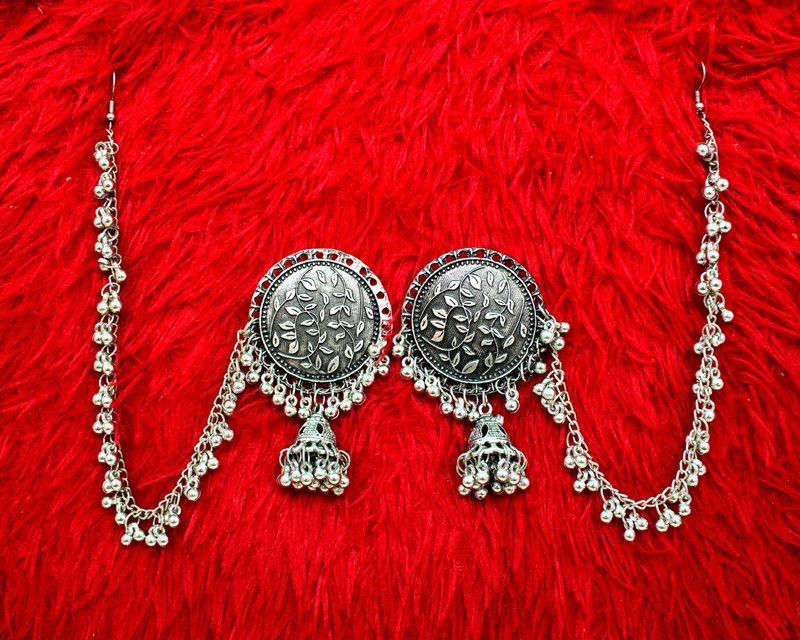 Latest Kashmiri Oxidised Silver Jhumka/Earrings with Hair Chain for Women/Girls German Silver Jhumki Earring, Earring Set