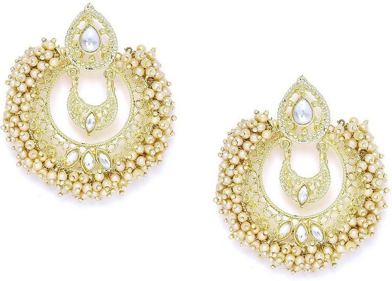 Gold Tone Pearls & Kundan Large Ethnic Chandbali Pearl, Mother of Pearl Metal Chandbali Earring