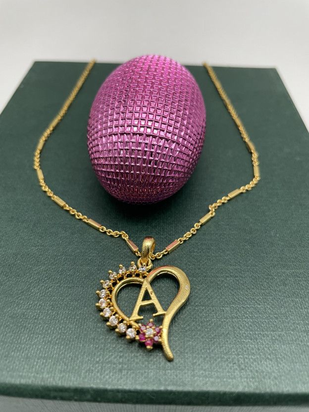Excellent Finished Valentine's Pink Flower Heart Initial "A" Letter Gold-plated Latest Style Design New Model Cubic Zirconia Alloy Pendant And Mangalsutras Gold-plated Brass Pendant Set