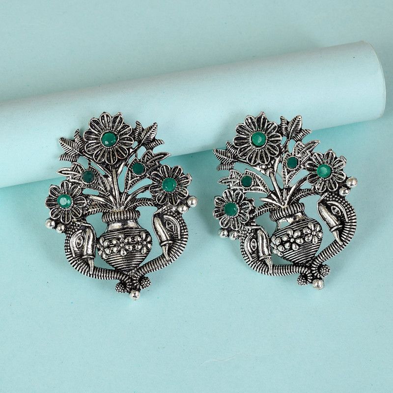 Silver Oxidised flower pot Design emerald Studed fashion Earrings Brass Stud Earring