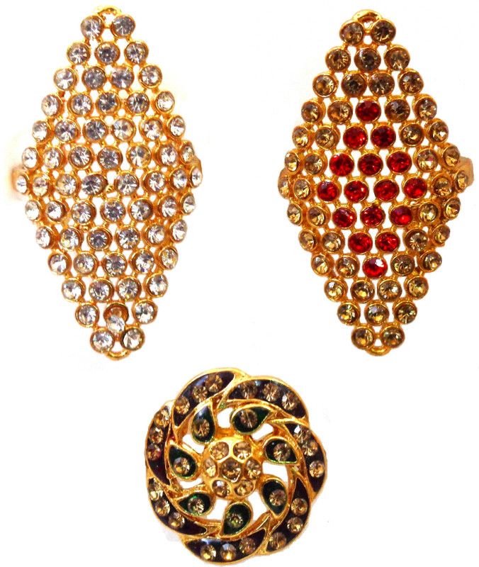 Manual Art Gold Plated Brass Maharani Style Ring Set studded with Crystal Stone for Women & Girls - 3 Pcs / Set Brass Crystal Gold Plated Ring Set