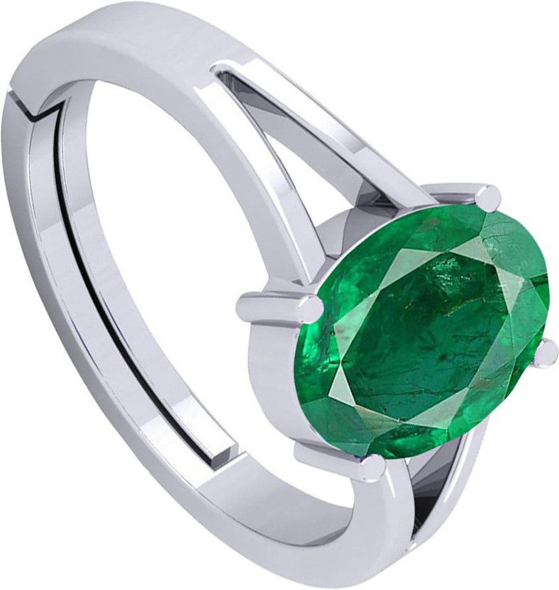 7.25 Ratti Emerald Panna Free size Silver metal Ring Metal Emerald Rhodium Plated Ring