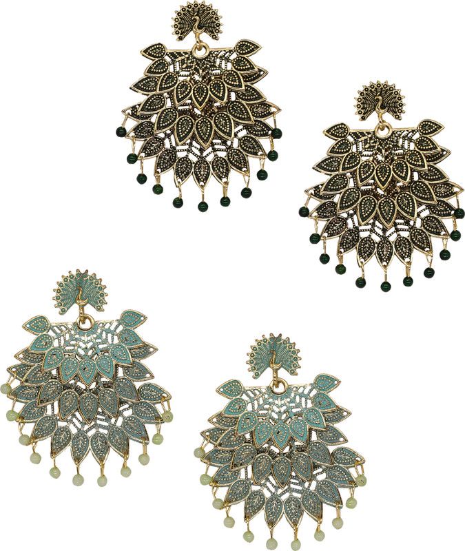 Gold Plated Combo of 2 Green Minakari Earrings For Women and Girls Brass Earring Set