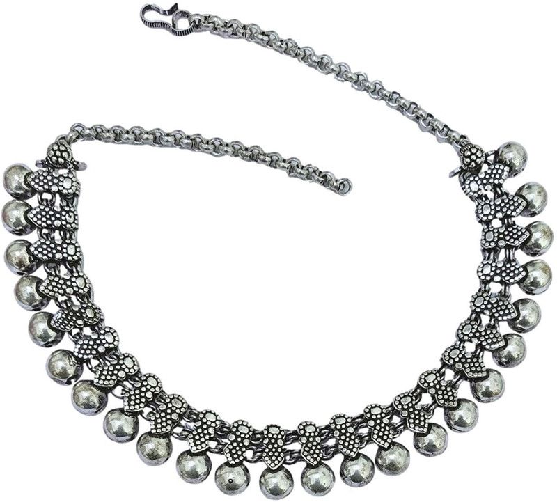 Beaded Necklace Oxidised silver metal Antique Texture 14 Inch long choker Metal Necklace