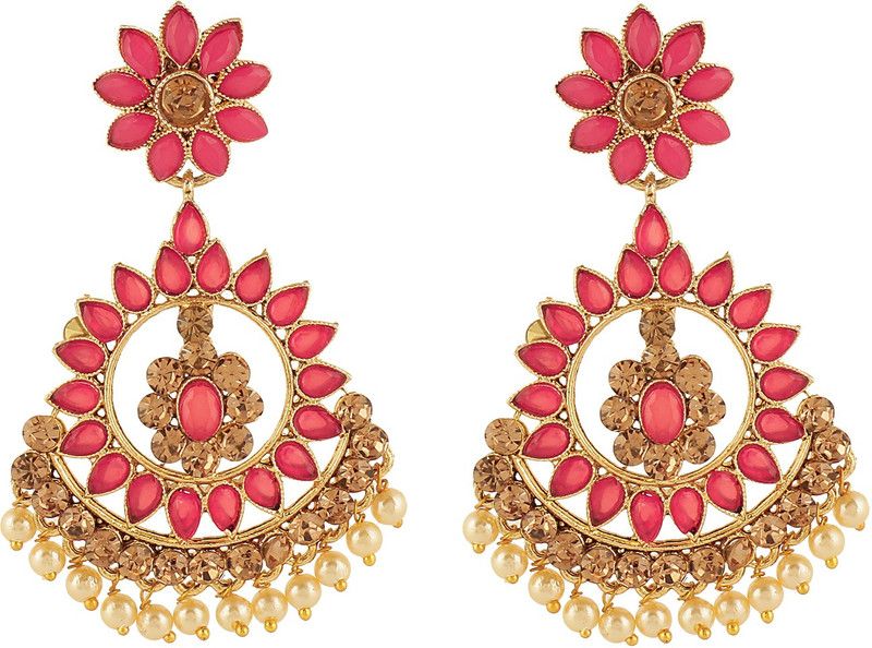 Inspired Flower Design Pink & Lct Stone Chand Bali Earring For Women Brass Drops & Danglers