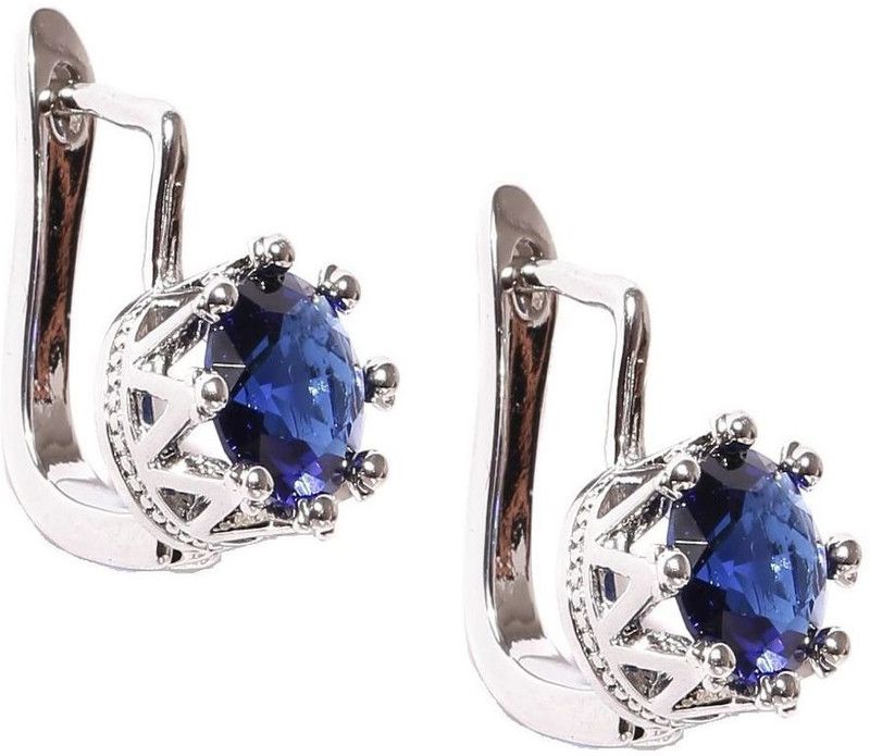 Silver Plated Deep Blue Zirconia Crown Setting Cubic Zirconia, Zircon, Crystal Brass Stud Earring