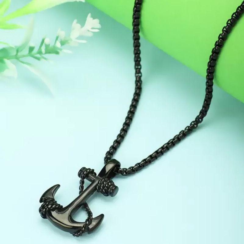 Stylish Black Anchor Navy Marine Pendant Locket with Rope Chain for Men & Boys Black Silver, Brass, Rhodium Stainless Steel Locket