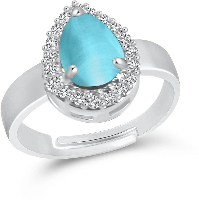Adjustable Ladies Ring Drop Firozi Blue Silver Plated Rings for Women & Girls Alloy, Brass Cubic Zirconia Rhodium Plated Ring
