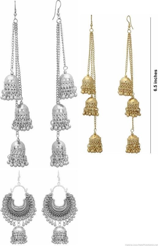 Combo Of 3 Designer Traditional Stylish Alloy Silver Chandbali Danglers Earring , Silver and Golden Three Layere Jhumki Earring For Women and Girls Brass Jhumki Earring