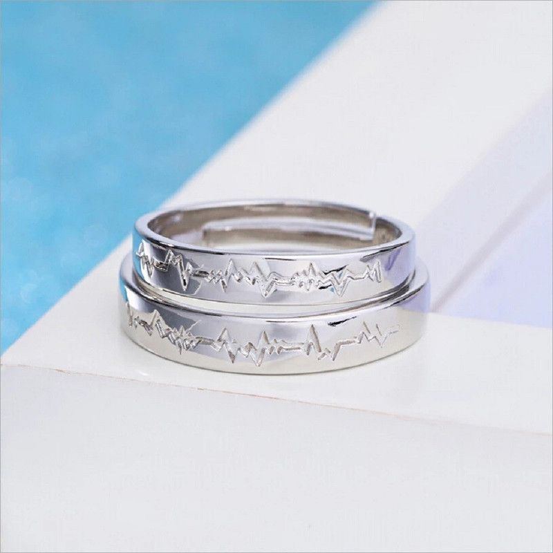 Couples Lovers Heartbeat Adjustable Silver Metal Ring Set for Men and Women Stainless Steel Silver Plated Ring Set