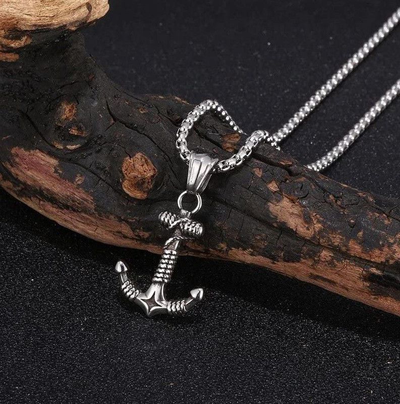 Silver Wind Pirate Sea Gothic Rope Rassa Design Anchor Pendant Locket Necklace Silver Stainless Steel