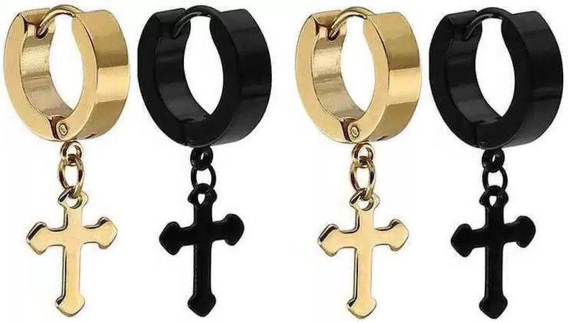 2 PAIRS Combo Stainlesss Steel Cross designed shinny Stud Earring & religious Stainless Steel Hoop Earring