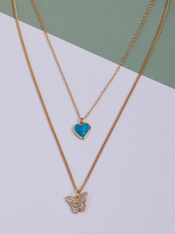 Lilly & Sparkle Gold Toned Necklace With Crystal Butterfly & Blue Heart Charm Gold-plated Plated Alloy Necklace