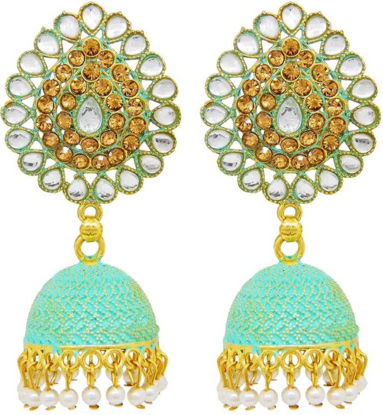 Golden Aqua Traditional Ethnic Bridal wedding jhumka earrings for women & girls Alloy Jhumki Earring, Drops & Danglers