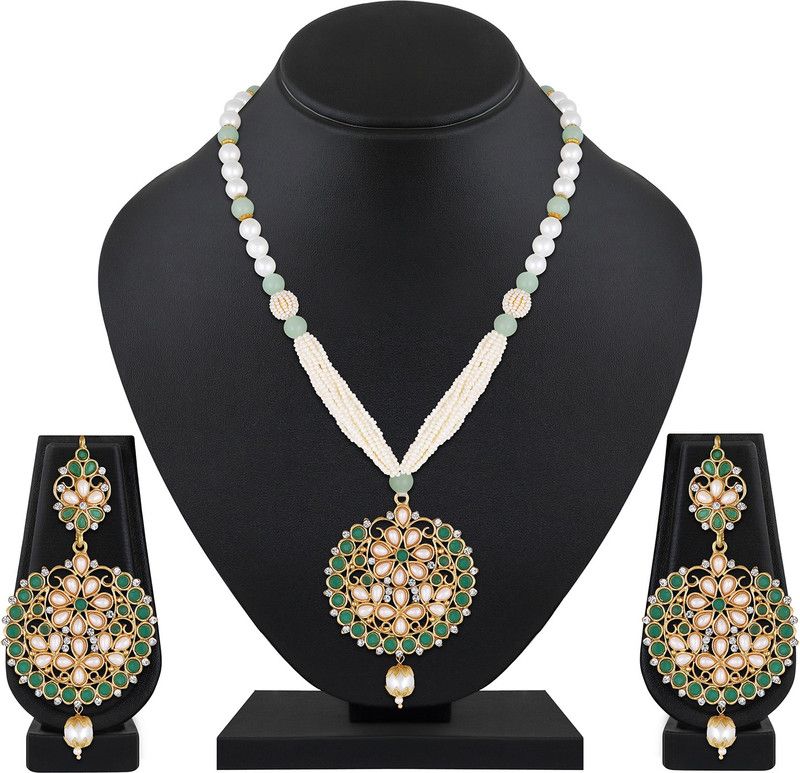 Brass Gold-plated White, Green Jewel Set  (Pack of 1)