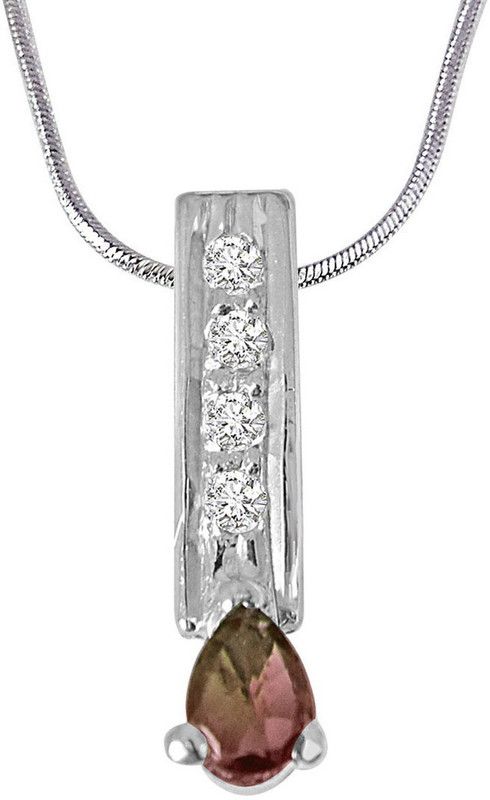 Trendy Pear Shaped Brown Tourmaline, Round White Topaz and 925 Sterling Silver Pendant with 18 IN Chain (SDP423) Silver Tourmaline Sterling Silver Pendant