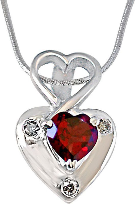Real Diamond & Heart Shaped Red Garnet Pendant with 18 IN Chain (SDP264) Sterling Silver Diamond, Garnet Sterling Silver Pendant