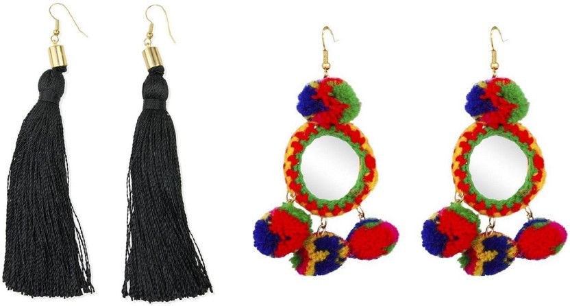 Black Tassel & Mirror Pompom Fabric Earring Set